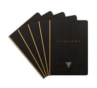 Clairefontaine 102546C - Un paquet de 5 carnets brochés dos toilé Flying Spirit 192 pages ivoire 14,8x21 cm 90g lignées, couverture en carte lustrée noire, finition Or, 5 motifs assortis