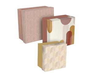 Clairefontaine 116080C - Un Lot de 3 Boites de Rangement Gigognes Carrées Multifonctions en Carton motifs Géométriques aux Couleurs Chaleureuses - 25x25x12cm, 20x20x11cm et 16x16x10cm - Terracotta