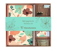 Clairefontaine 116257C - Un Kit de Papeterie contenant un Carnet 11x17 cm 64 Pages Lignées, un Crayon de Papier, 2 Pinces doubles-clip, 10 Trombones et une Gomme - Collection Gaïa beige