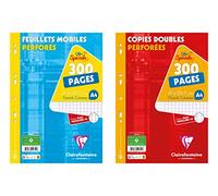 Clairefontaine 11751AMZC Lot de 2 Paquets de Copies Perforées : 300 Pages FEUILLETS MOBILES + 300 Pages COPIES DOUBLES - A4 21x29,7 cm - Grands Carreaux - Papier Blanc 90 g