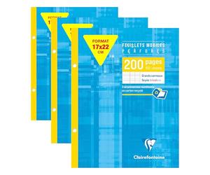 Clairefontaine 1351C Un Étui de Feuillets Mobiles Perforés - 17x22 cm - 200 Pages Grands Carreaux - Papier Blanc 90 g - Étui Réutilisable (Lot de 3)