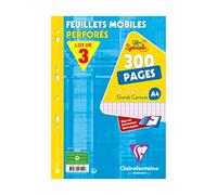 Clairefontaine 175511AMZC Lot de 3 Étuis de Feuillets Mobiles Perforés - A4 21x29,7 cm - 300 Pages Grands Carreaux - Papier Blanc 90 g - Étui Réutilisable