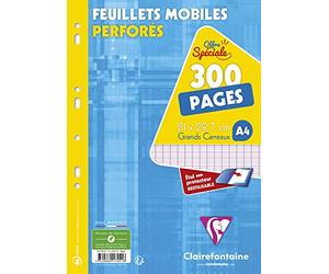 Clairefontaine 17551C Un Étui de Feuillets Mobiles Perforés - A4 21x29,7 cm - 300 Pages Grands Carreaux - Papier Blanc 90 g - Étui Réutilisable
