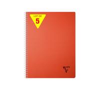 Clairefontaine 327123Cpack Collection Linicolor ESSENCE Lot de 5 Cahiers à Spirale - A4 21x29,7 cm - 180 Pages Petits Carreaux - Papier Blanc 90 g - Couverture Polypro Transparent - Rouge Garance