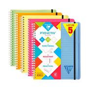 Clairefontaine 328776Cpack Linicolor Lot de 5 Cahiers Proactiv'Book - A5+ 16x21 cm - 160 Pages Détachables Lignées Cadrées - Papier Blanc 90 g - Couverture Polypro Transparent - Couleurs Aléatoires