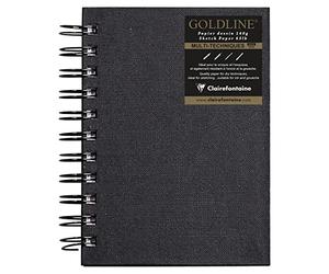 Clairefontaine 34258C Carnet Spiralé Goldline - 64 Feuilles Papier Dessin Blanc - A6 10,5x14,8 cm 140g - Format Portrait - Couverture Rigide Noire Imitation Toile