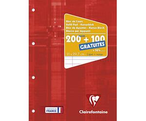 Clairefontaine 65818C Un Bloc de Cours Encollé Perforé Rouge Framboise - A4 21x29,7cm - 300 Pages (200 + 100 gratuites) Lignées avec Marge et Perforé 4 Trous - Papier 90g - Couverture Carte Pelliculée
