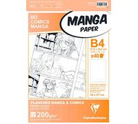 Clairefontaine 94048C Étui Manga et Multi-techniques - 40 Feuilles Papier Dessin Blanc Lisse B4 27,5x37,4 cm 200g - Papier imprimé avec une Grille divisée en 6 Cases - Idéal pour les Feutre à Alcool