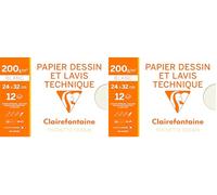 Clairefontaine 96278C - Pochette Dessin Scolaire - 12 Feuilles Papier Dessin Blanc Lisse - 24x32 cm 200g - Idéal pour le Dessin Technique et le Lavis (Lot de 2)