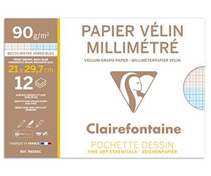 Clairefontaine 96554C - Pochette Dessin Scolaire - 12 Feuilles Papier Vélin Millimétré - A4 21x29,7 cm 90g - Idéal pour les Travaux Géométriques et les Dessins Techniques