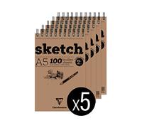 Clairefontaine 96606Cpack - Bloc Spiralé Papier Sketch - 100 Feuilles Papier Dessin Blanc au Grain Très Léger - Feuilles Détachables - A5 14,8x21 cm 90g - Paquet de 5 Blocs