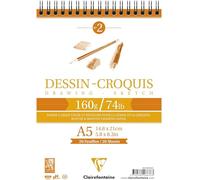 Clairefontaine 96676C Bloc Spiralé en-tête Papier Dessin Croquis - 35 Feuilles Papier Dessin au Grain Très Léger - A5 14,8x21 cm 160g - Idéal pour le Dessin et Croquis au Crayon, Feutre et Fusain