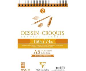 Clairefontaine 96676C Bloc Spiralé en-tête Papier Dessin Croquis - 35 Feuilles Papier Dessin au Grain Très Léger - A5 14,8x21 cm 160g - Idéal pour le Dessin et Croquis au Crayon, Feutre et Fusain