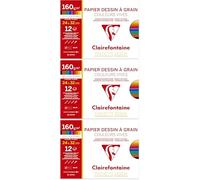 Clairefontaine 96770C - Pochette Dessin Scolaire - 12 Feuilles Papier Dessin à Grain Couleurs Vives Assorties - 24x32 cm 160g - Idéal pour les Arts Plastiques (Lot de 3)