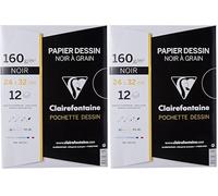 Clairefontaine 96771C - Pochette Dessin Scolaire - 12 Feuilles Papier Dessin à Grain Noir - 24x32 cm 160g - Idéal pour les Arts Plastiques (Lot de 2)