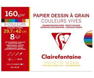 Clairefontaine 96773C - Pochette Dessin Scolaire - 8 Feuilles Papier Dessin à Grain Couleurs Vives Assorties - A3 29,7x42 cm 160g - Idéal pour les Arts Plastiques
