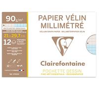 Clairefontaine 97553C - Pochette Dessin Scolaire - 12 Feuilles Perforées Papier Vélin Millimétré - A4 21x29,7 cm 90g - Idéal pour les Travaux Géométriques et les Dessins Techniques