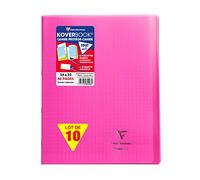 Clairefontaine 984408C - Un Paquet de 10 Cahiers Piqués Koverbook 48 Pages 24X32 cm 90G Grands Carreaux, Couverture Polypro (Plastique) Transparente, Rose