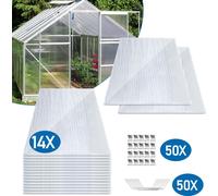 Clanmacy 14x polycarbonate alvéolaire 4mm, 10,25 m² plaque double paroi - 1210x605, 50x agrafes + 50x Z-clips, plaque de serre résistante aux UV