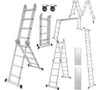 Clanmacy 6 en 1 Echelle polyvalente Alu Echelle articulée Echelle pliante 470cm Echelle multifonctionnelle Alu Avec plateforme Jusqu'à 150KG 4 X 4 marches Argent