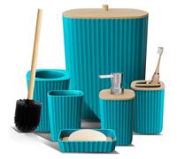 Clara Clark Ensemble d'accessoires de Salle de Bain 6 pièces - Bleu Sarcelle - Plastique - Texturée - Moderne - Brosses à Dents, Savon, Poubelle, Brosse WC