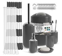Clara Clark Ensemble d'accessoires de Salle de Bain Gris avec Rideau de Douche et Tapis, 20 pièces, Rideau de Douche avec Doublure, Distributeur de Savon, Porte-Savon, Porte-Brosse WC et Poubelle
