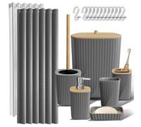 Clara Clark - Ensemble d'accessoires de Salle de Bain Gris - Ensemble de Rideau de Douche, Brosse WC, Poubelle et Distributeur de Savon - Bambou, Matte, Contemporary, Gris