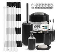Clara Clark Ensemble d'accessoires de Salle de Bain Noirs avec Rideau de Douche et Tapis, 20 pièces, Rideau de Douche avec Doublure, Distributeur de Savon, Porte-Savon, Porte-Brosse WC et Poubelle