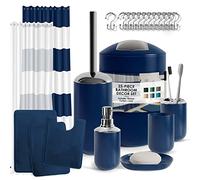 Clara Clark Ensemble d'accessoires de Salle de Bain, Rideau de Douche et Tapis, 23 pièces, Rideau de Douche avec Doublure, Distributeur de Savon, Porte-Savon, Porte-Brosse WC et Poubelle, Bleu Marine