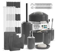 Clara Clark Ensemble d'accessoires de Salle de Bain, Rideau de Douche et Tapis, 23 pièces, Rideau de Douche avec Doublure, Distributeur de Savon, Porte-Savon, Porte-Brosse WC et Poubelle, Gris