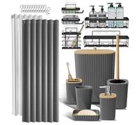 Clara Clark Ensemble de 25 Accessoires de Salle de Bain Modernes rustiques bohèmes Gris avec Panier de Douche, Porte-Brosse à Dents, Distributeur de Savon, Poubelle, Brosse de Toilette, Rideau de