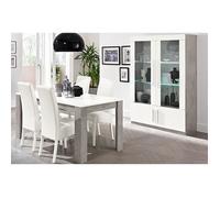 Ensemble Séjour Blanc et Marbre Table 190cm + Vitrine 4 Portes avec Leds - CLARK -