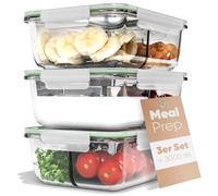 Classbach® Boîtes repas en verre à 3 compartiments, adaptées au lave-vaisselle, au micro-ondes et au four, pour une alimentation saine. 3x 1000 ml. C-FHDM 4021 G.
