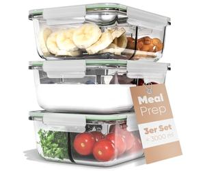 Classbach® Boîtes repas en verre à 3 compartiments, adaptées au lave-vaisselle, au micro-ondes et au four, pour une alimentation saine. 3x 1000 ml. C-FHDM 4021 G.