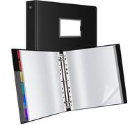 Classeur à Pochettes Plastique A4 Anneaux - 50 Pochettes Incluses et 6 Pages Intercalaires Colorées - Noir