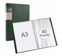Classeur A3 avec 40 Pochettes Transparent Porte Document A3 | Affichage du Livre, Porte-Vues A3, PP, 44 x 32 x 2,5 cm, pour Peinture Illustration Certificat Partition Affiche, Vert Foncé