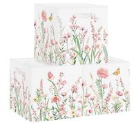 Clastyle Lot de 3 Boite Rangement Tissu Femmes Fleur Cube de Rangement Pliable Filles Panier Kallax pour Salle de Bain,Rose,30x30x30 cm