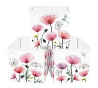Clastyle Lot de 3 Boite Rangement Tissu Fleurs Sauvages Cube de Rangement Pliable Femmes Panier Kallax pour Salle de Bain,Pavot Rouge,30x30x30 cm