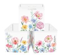 Clastyle Lot de 3 Boite Rangement Tissu Fleurs Sauvages Cube de Rangement Pliable Femmes Panier Kallax pour Salle de Bain,Aquarelle,30x30x30 cm