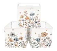 Clastyle Lot de 3 Boite Rangement Tissu Fleurs Sauvages Cube de Rangement Pliable Femmes Panier Kallax pour Salle de Bain,Marron,30x30x30 cm