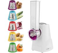 Clatronic ME 3604, Multi-Express, pour couper, râper et émincer | Éminceur électrique | Coupe-légumes | Râpe à légumes | 5 ustensiles y compris râpes | Grande ouverture de remplissage | 200W | Blanc