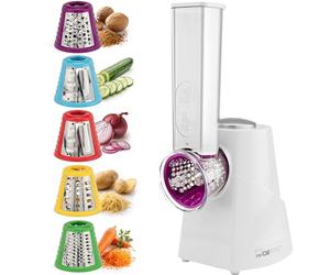 Clatronic ME 3604, Multi-Express, pour couper, râper et émincer | Éminceur électrique | Coupe-légumes | Râpe à légumes | 5 ustensiles y compris râpes | Grande ouverture de remplissage | 200W | Blanc