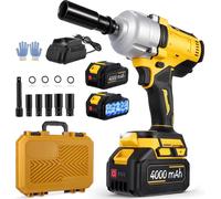 hocs - 21 V sans balais - Fonctionnement sur batterie - 2 batteries 4000 mAh - 3 niveaux de puissance - 5 douilles - Chargeur - Rallonge - Jaune