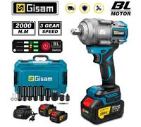 hocs sans fil 2000 Nm - Gisam- Moteur sans balais - 1/2"" - 2x3.0Ah avec 14 Accessoires(17/19/21/22/24mm Douilles)