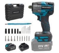 hocs sans fil 21V hocs sans balais - Couple de 480 Nm - 0 à 3200 coups/min - Éclairage LED - 1 batterie avec prise EU - Coffret d'accessoires de 26 pièces - Bleu