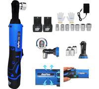 liquet électrique sans fil bleue 3/8'' 90 ngle avec éclairage LED + jeu de 7 douilles, couple de 40 N.m, jeu de clés à cliquet 12 V avec 2 batteries Li-Ion de 1500 mAh et 1 chargeur B
