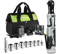 Cle a Cliquet Sans Fil 12V WORKPRO, 3/8, 55N.m, 2 Batteries de 2,0 Ah, Charge Rapide en 1 Heure, Cle a Cliquet Electrique avec Lumiere LED et 9 Accessoires et Sac de Rangement