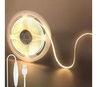Clearhill Bande LED COB USB 5V avec interrupteur dimmable,16,4pieds/5m,blanc chaud 3000K,320LED/m,largeur 8mm,non étanche IP20,câble USB avec interrupteur 1,5m,pour décoration intérieure DIY