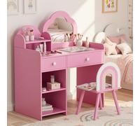 Clevich 2 en 1 Coiffeuse pour Enfant avec Miroir, Coiffeuse Princesse Fille | Bureau pour Enfants Fille avec Tabouret, 2 Tiroirs, Casiers, Table de Maquillage pour Enfants 3 à 8 Ans, 74x40x91 cm, Rose