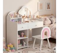 Clevich 2 en 1 Coiffeuse pour Enfant avec Miroir, Coiffeuse Princesse Fille | Bureau pour Enfants Fille avec Tabouret, 2 Tiroirs, Casiers, Table de Maquillage pour Enfants 3 à 8 Ans, 74x40x91 cm, Blanc